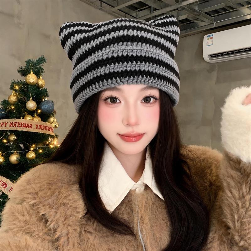 Women S Korean Style Cat Ear Knit Hat Winter Warm Ear Protection Beanie Hat