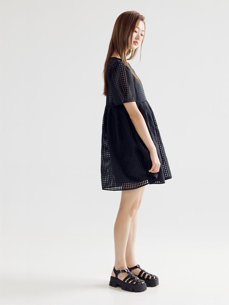 BOMNAL BOUTIQUE Checked Voluminous Mini Dress _ Black