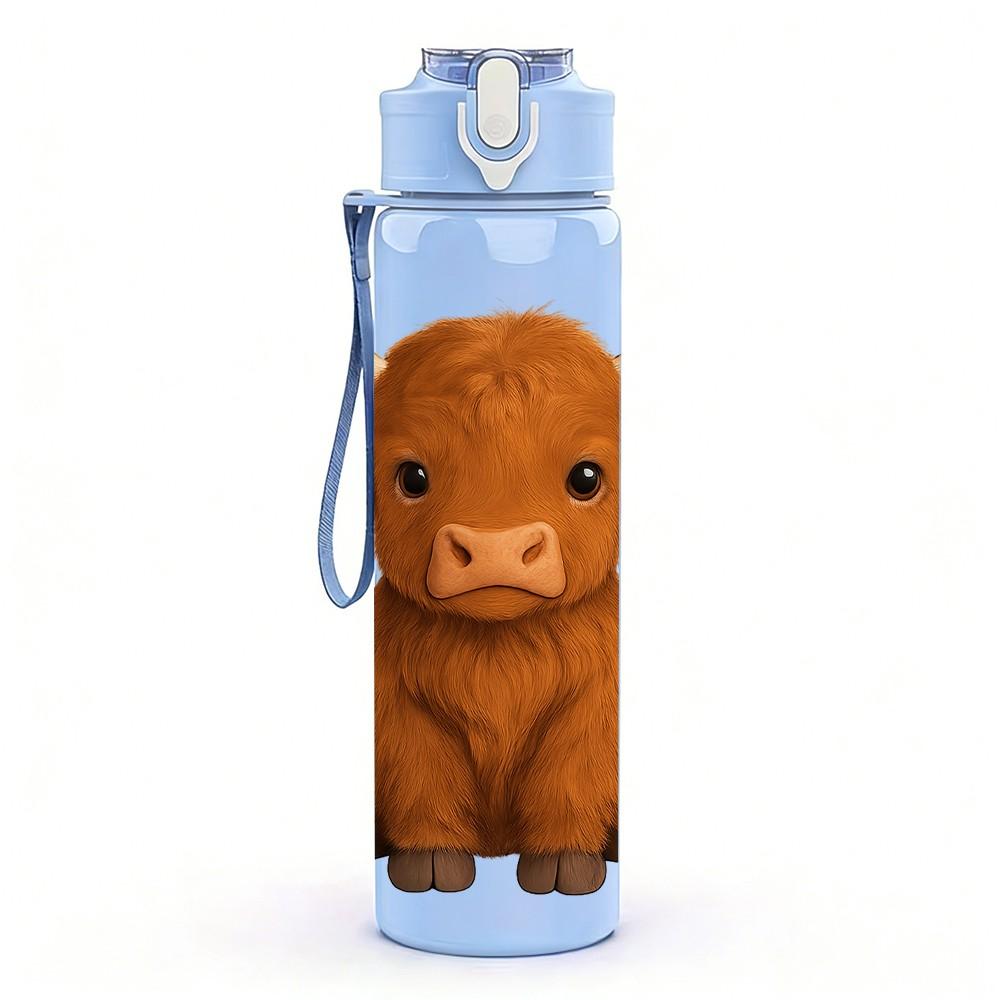 1PC Baby Highland Cow Pattern 750ml Color Plastic Sports Water Bottle Leakproof Flip Straw Lid Suitable for Sports Office Home Use