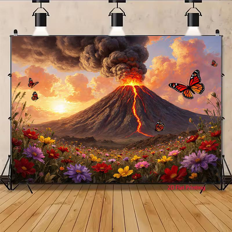 2D Volcano Lava Flow with Flowers Photography Background