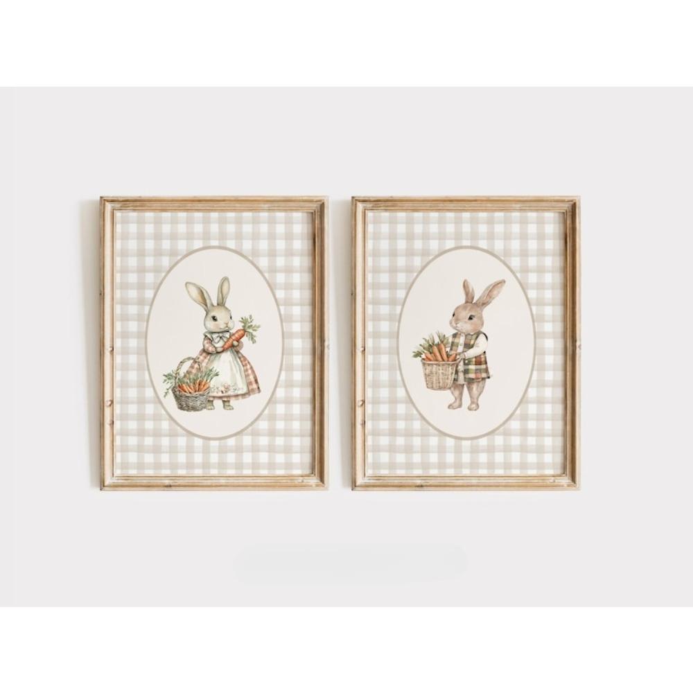 2pcs Frameless Cute Rabbit Nursery Wall Art,Old-fashioned Farm Rabbit, Farmhouse Room Decoration,Color Printing,Neutral Poster