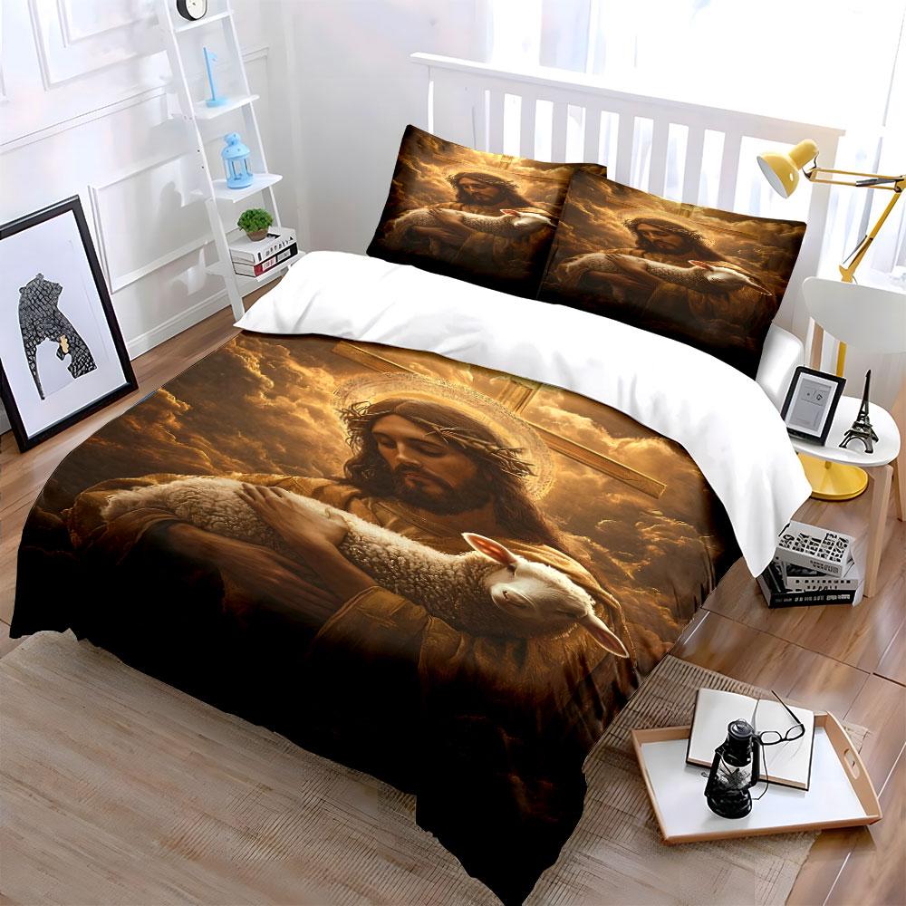 Jesus holding white lamb. Bedding sets Duvet cover sets Duvet covers Pillowcases(1*Duvet Cover 2*Pillowcases without duvet insert)