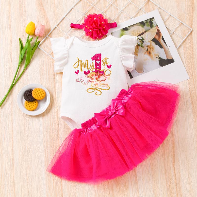 Комплект платьев на первый день рождения корейской девочки: Летняя юбка из вышитой сетки с рукавами-крылышками и аксессуарами для волос