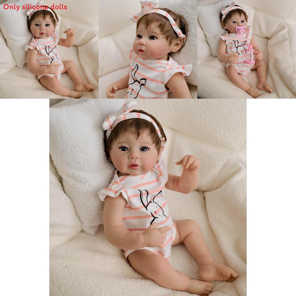 19inch Silicone Reborn Baby Doll With Striped Headband And Rabbit Print Clothing Decorationfor Collectors And Gift Givers