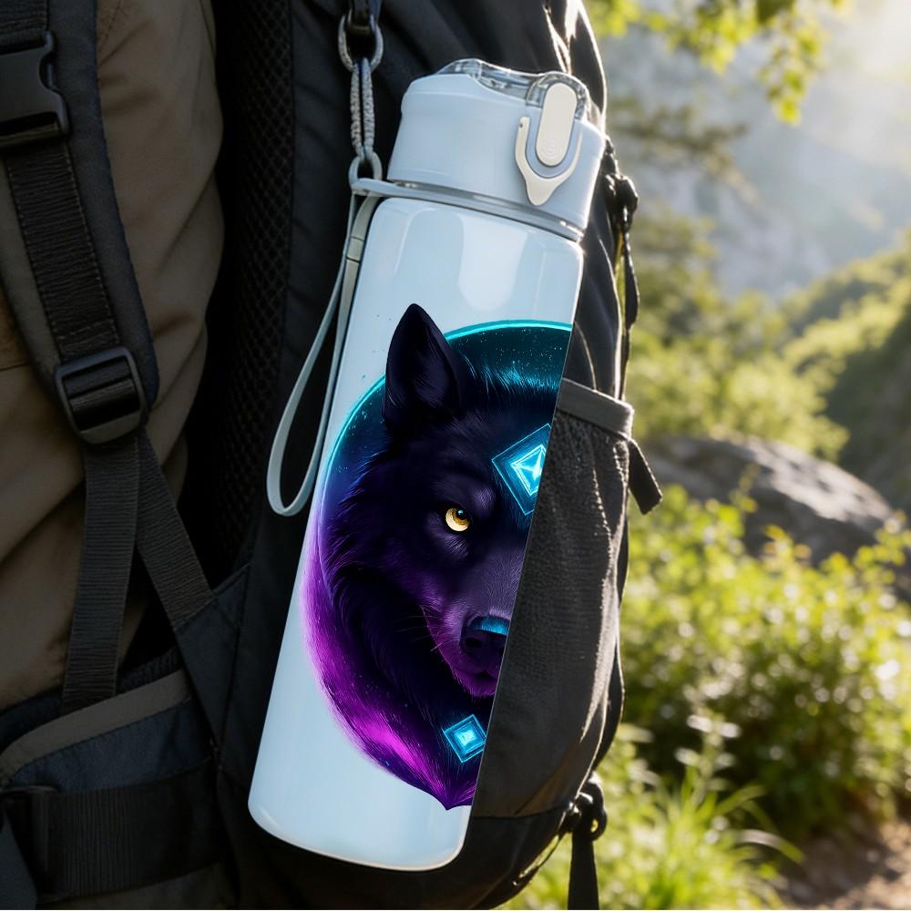 1PC Purple Glowing Wolf Head 750ml Color Plastic Sports Water Bottle Leakproof Flip Straw Lid Suitable for Sports Office Home Use