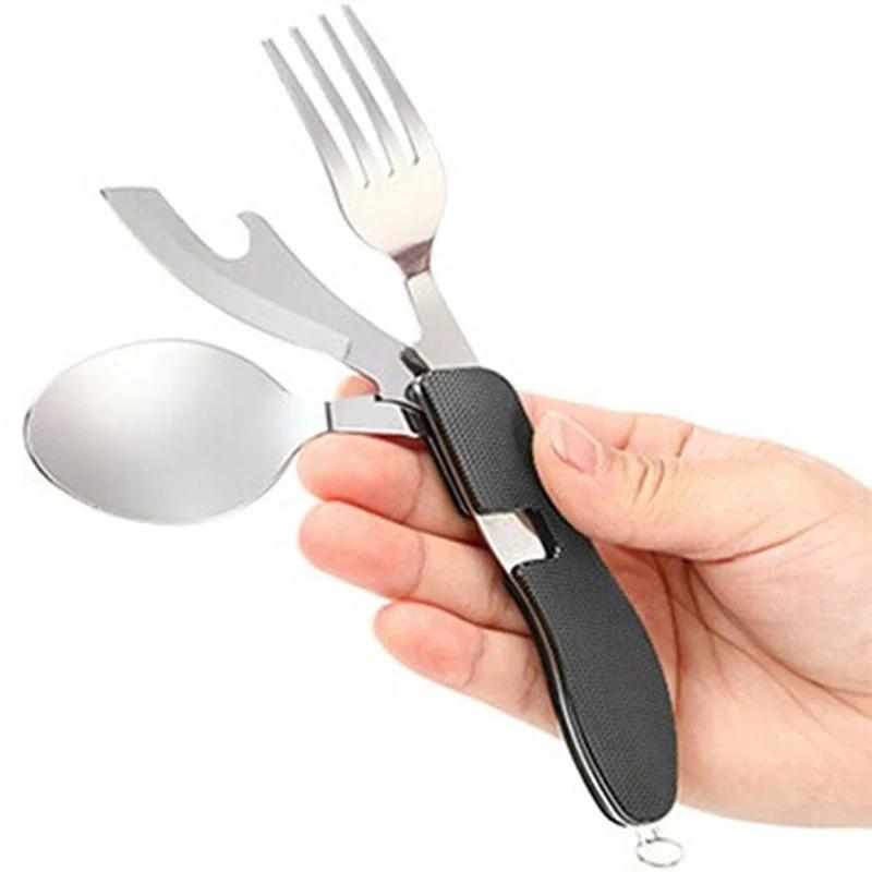1 Pcs 3 In 1 Outdoor Travel Camping Hiking Pocket Folding Spoon Fork Knife