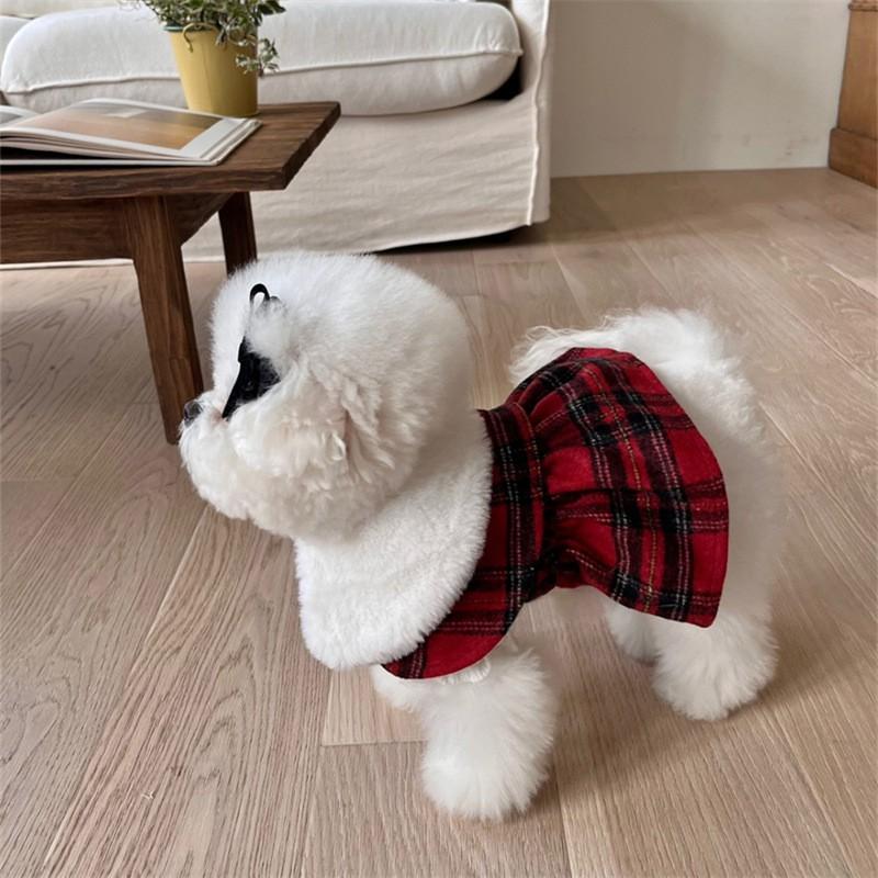 Pet Dog Cat Clothes Set Fall Winter Plaid Dress Cape 2-Piece Princess Style Apparel
