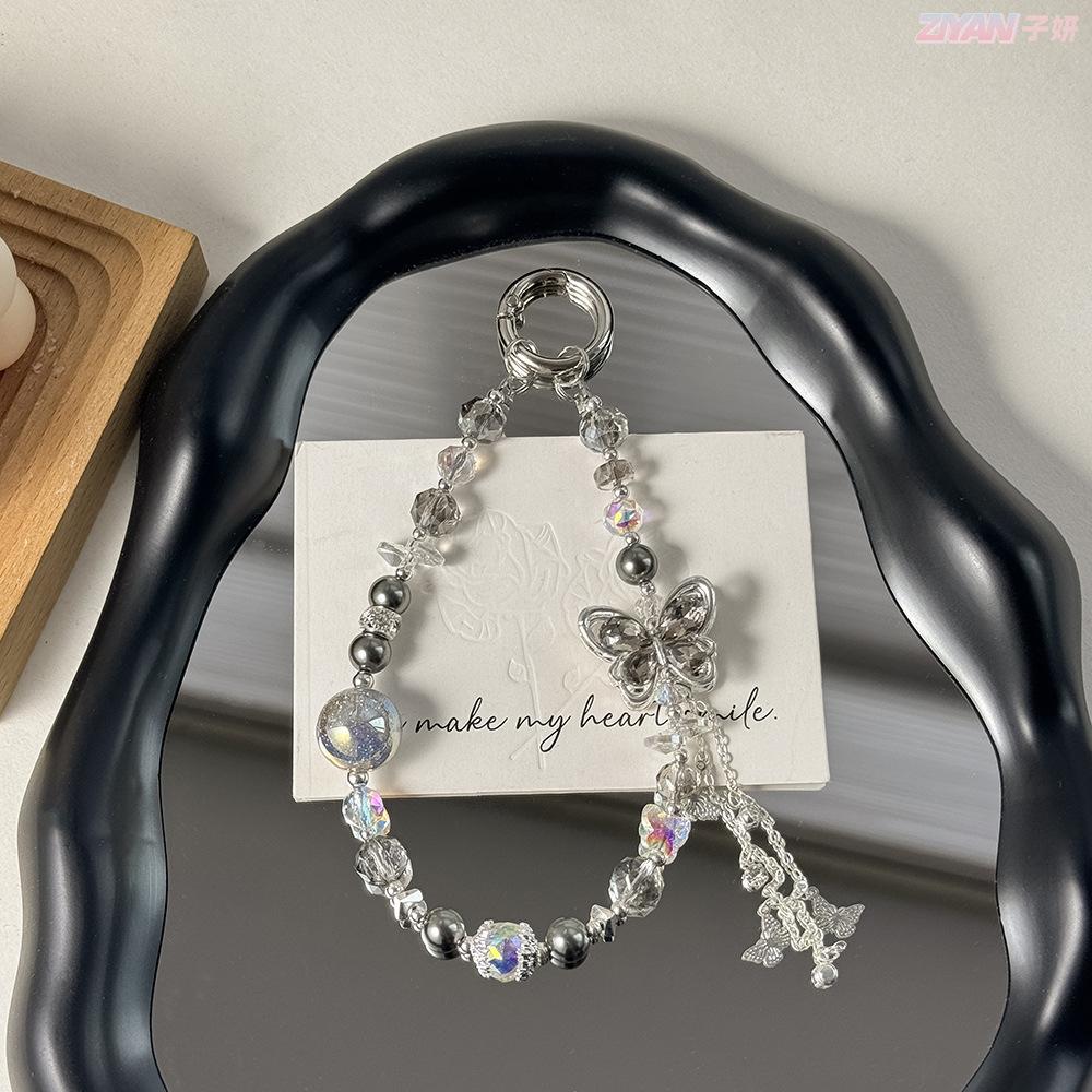 Elegant Pearl Alloy Butterfly Phone Lanyard Luxury Crystal Keychain Bag Charm Fashion Multi-Functional Key Holder Accessory