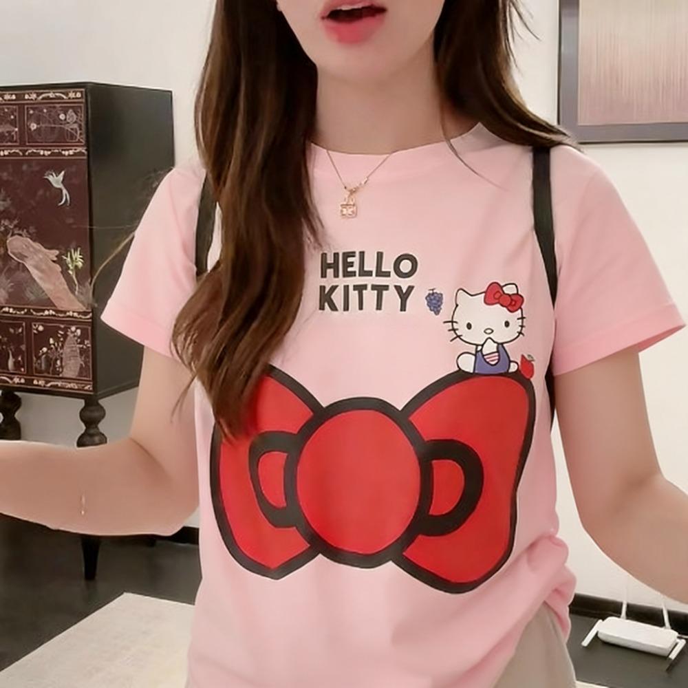 Женская летняя футболка Hello Kitty большого размера, яркий красный принт с бантом, ретро Y2K уличный стиль