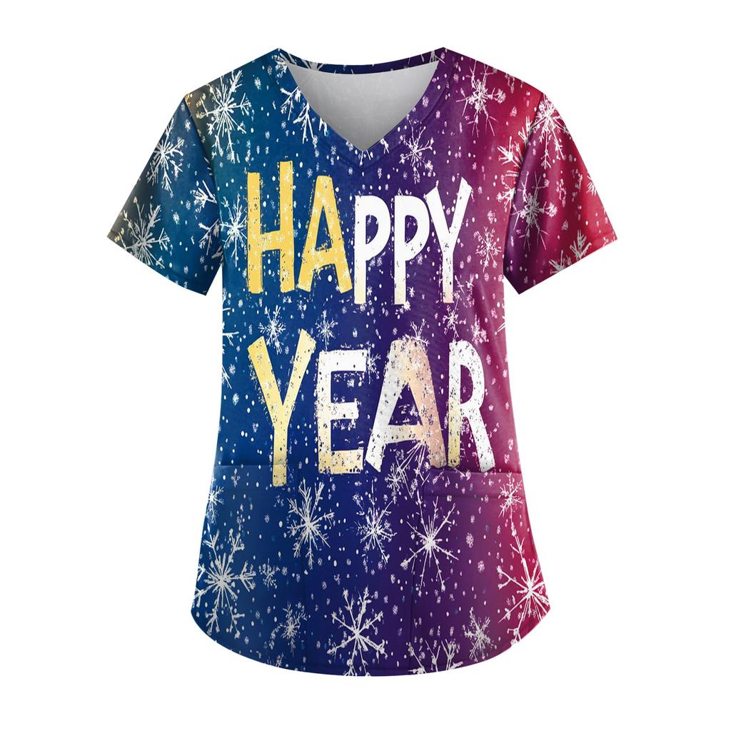 Женская модная новогодняя футболка с короткими рукавами, V-образным вырезом и маленьким карманом
