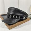 Black Newsboy Cap Pu Leather Flat Top Caps Casual Captain Caps  Fashion Accessories
