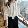 2021 Spring  Chiffon Women Blouse Fashion Office Lady Long Sleeve Solid Women Shirt With Tie V Neck Loose Top Female 13022