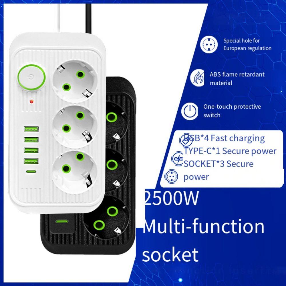 2m Extension Cord Surge-Protected Power Strip 3-Outlets Extended USB Socket School