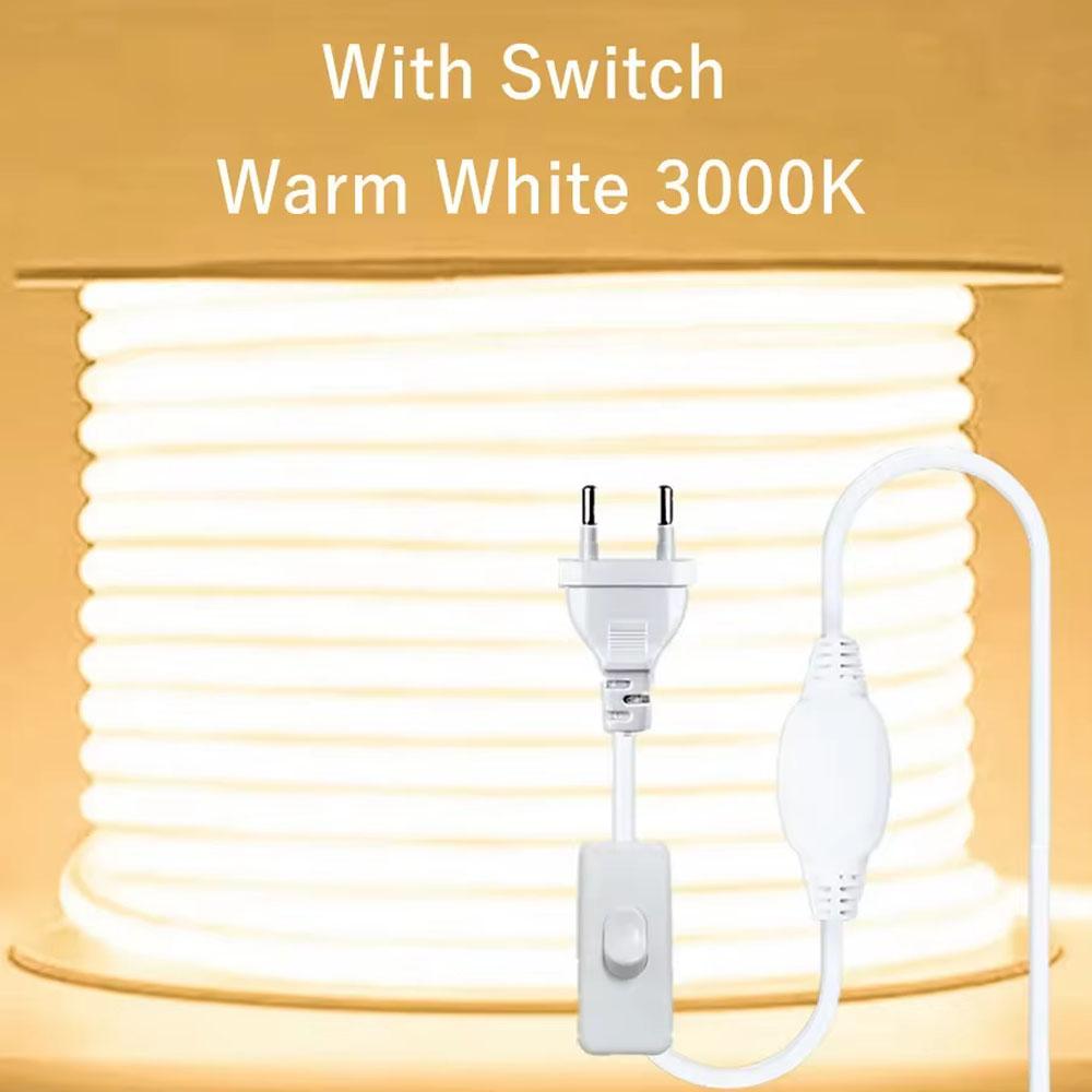 220V Led Strip Waterproof Lens COB Flexible Ribbon With Switch/Dimmable EU Plug For Room Bedroom Kitchen Outdoor Garden Lighting