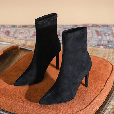 Флисовые черные эластичные тонкие носки-ботинки, новые полусапожки на тонком каблуке с острым носком для женщин на осень и зиму 2025