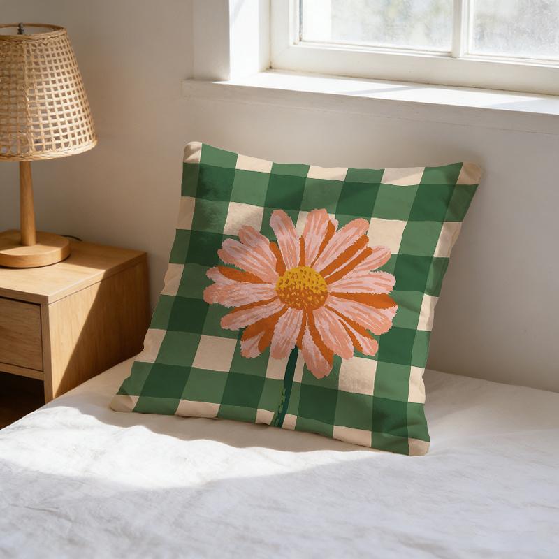Boho Green Gingham Daisy Throw Pillow Cover Vintage Checkered Floral Print Decorative Cushion Case For Cottage Home Decor