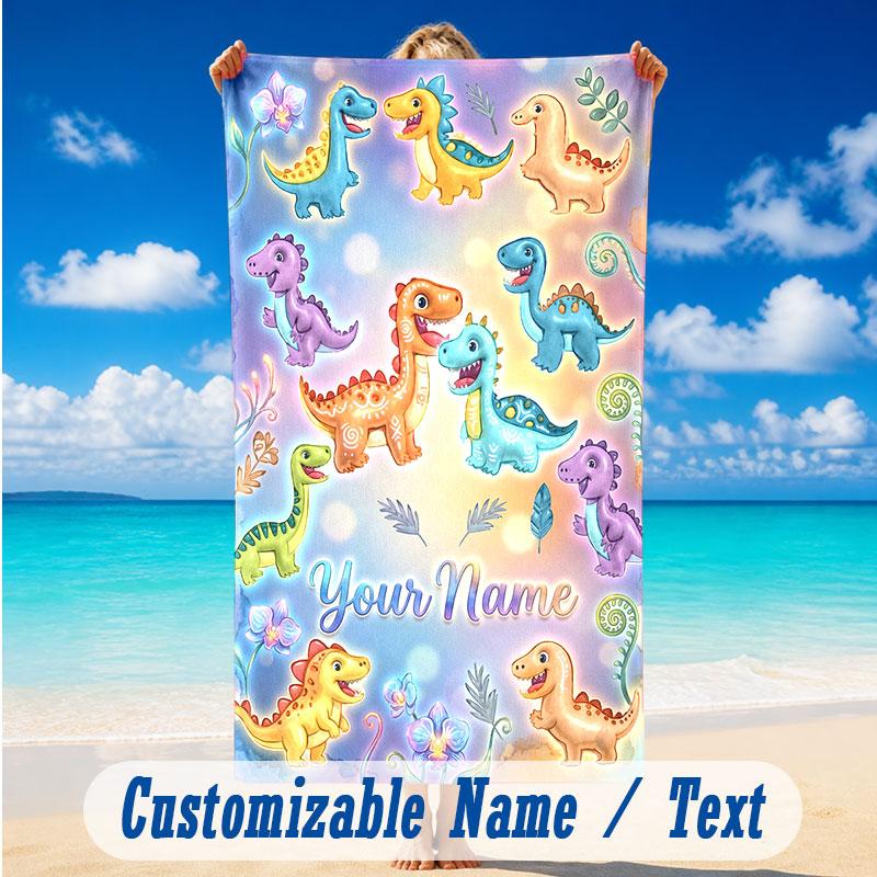 Dinosaur Theme Beach Towel Personalized Custom Name & Text Soft Quick Dry Beach Towel for Swimming Travel