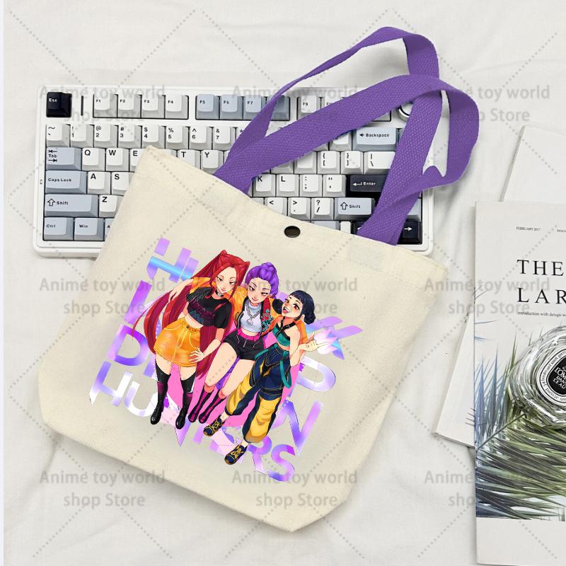 KPop Demon Hunters GIRLS Canvas Shopping Bags Women Cotton Tote Bags Reusable Cartoon Letter Shoulder Bag Grocery Handbag Beige