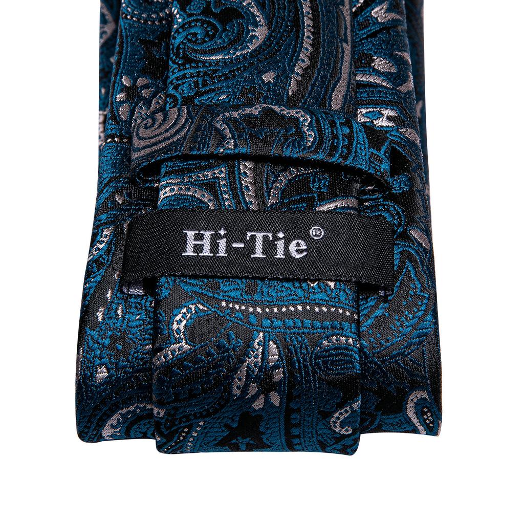 Hi-Tie Fashion Mens Blue Paisley Necktie Hanky Cufflinks for Business Wedding
