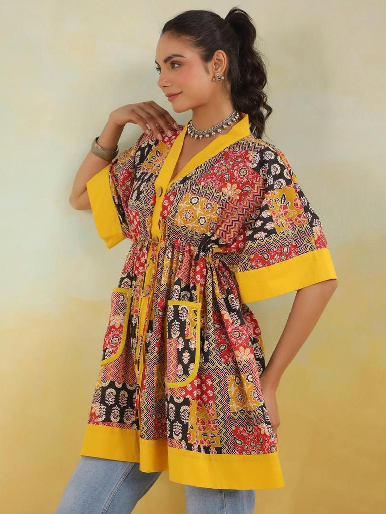 Верхняя туника из хлопка с ручным принтом, кафтан, туника из хлопка с карманами, свободного кроя, туника свободного размера, красно-желтый кафтан, ограниченный тираж