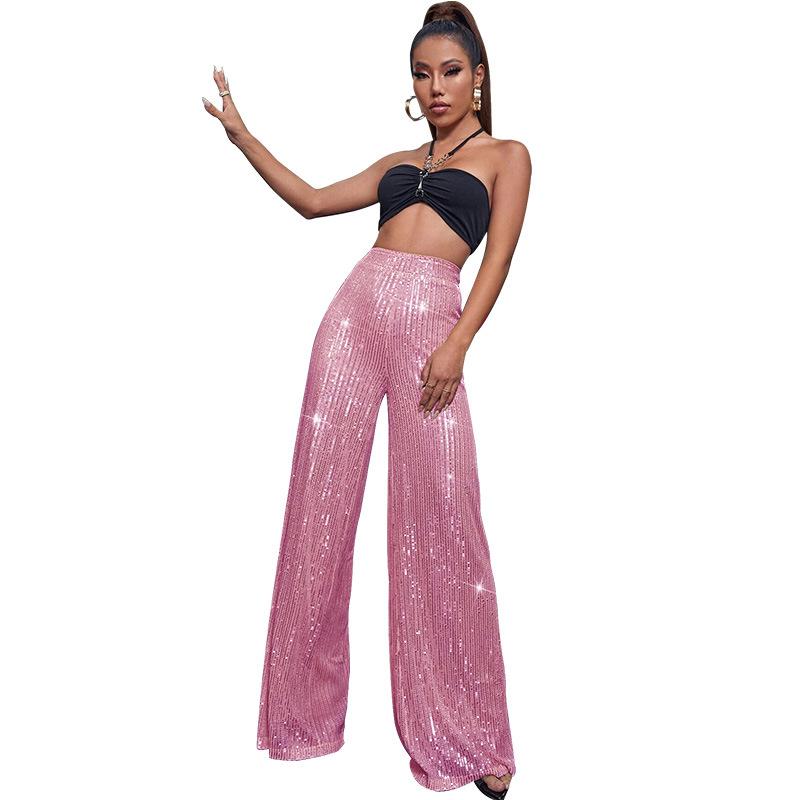 GMXIA Women's High-waisted Fashion Casual Pants Sequin Loose Sag Wide Leg Pants Summer Women