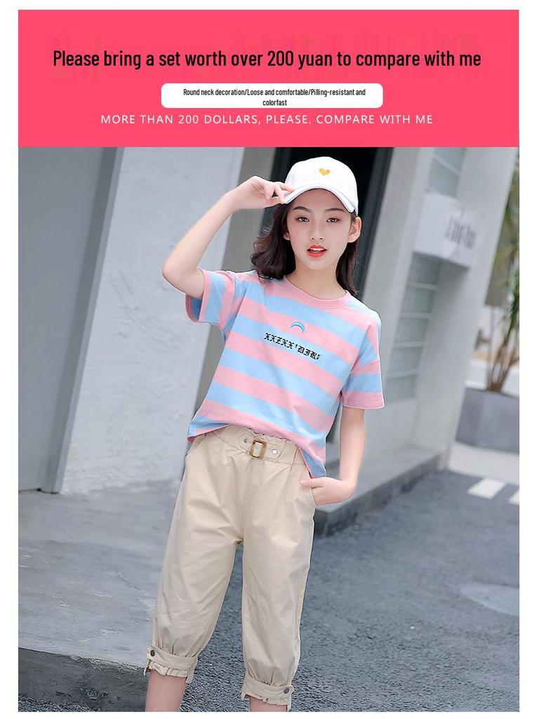 Модный спортивный костюм для девочек 2024: Модный комплект из двух предметов нового стиля для детей постарше - Летняя одежда с короткими рукавами