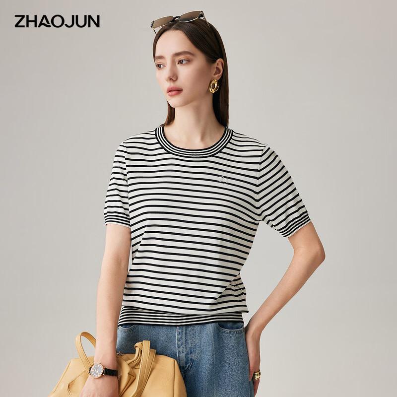 Женская легкая вязаная футболка с коротким рукавом Zhaojun в полоску color block