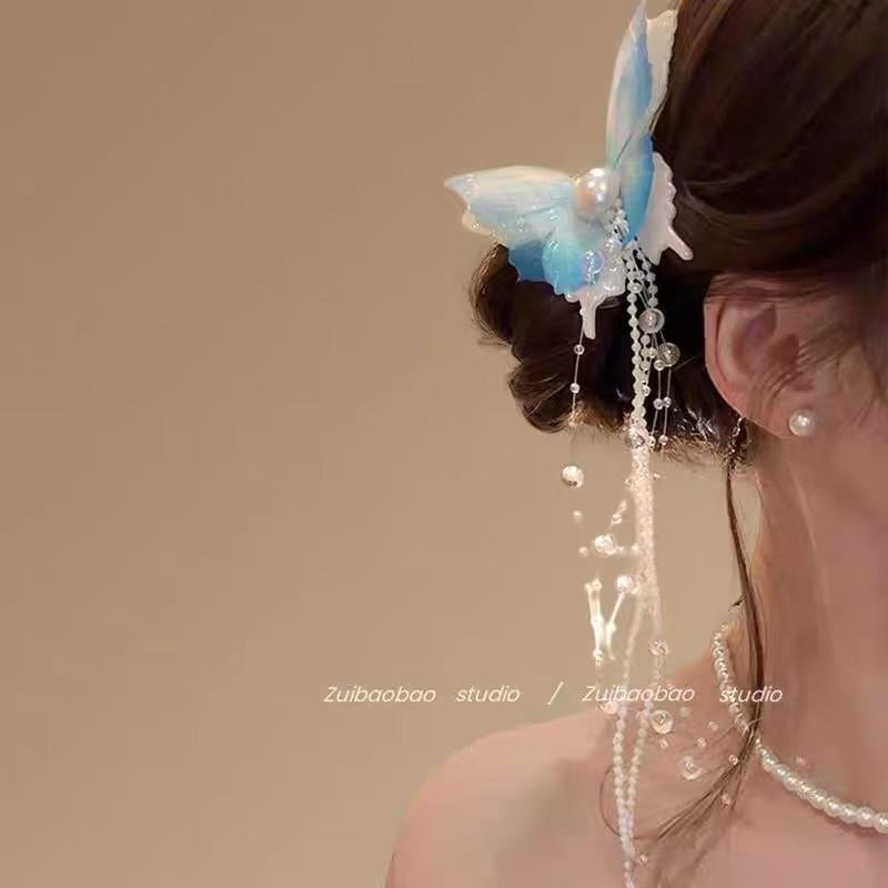 Fairy Butterfly Tassel Claw Clip – Transparent White Mori Style Hair Accessory
