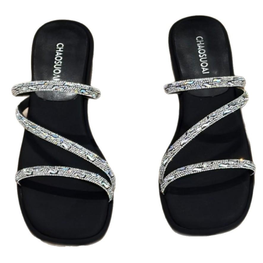 Серебристые женские туфли-стилеты на высоком каблуке, женские летние шлепанцы с полным бриллиантовым покрытием, французские элегантные босоножки на среднем высоком каблуке, женские