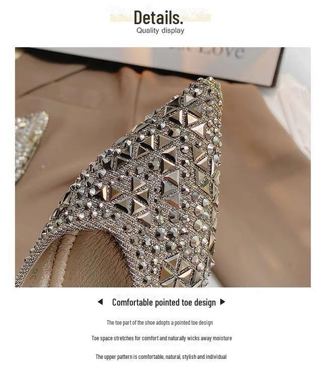 Женские туфли 2024 года с острым носком и толстым каблуком, украшенные бриллиантами, на весну и осень — мягкие свадебные туфли, универсальный стиль «Сказка», большие размеры