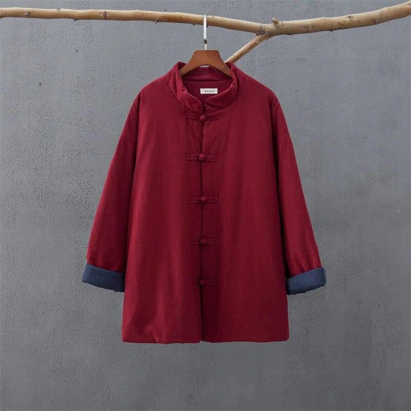 Johnature Женская утолщенная теплая хлопковая одежда, винтажные свободные однотонные пальто со стойкой и длинными рукавами, зимние парки в китайском стиле