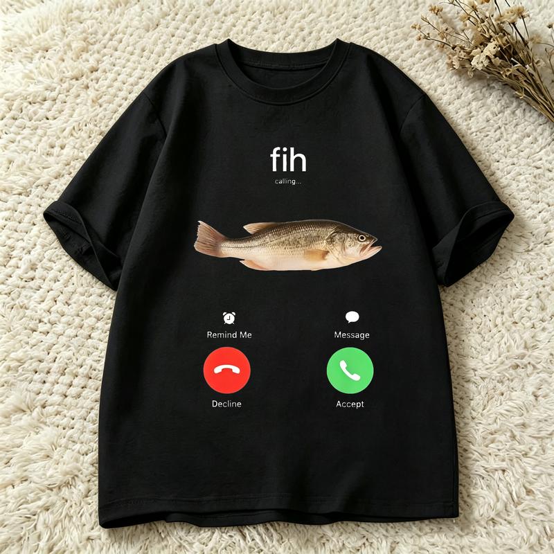 Funny Fish Calling T Shirt Bass Fish Incoming Call Graphic Tee Casual Short Sleeve Gift For Fisherunisex Angler Dad Fishing Hobby