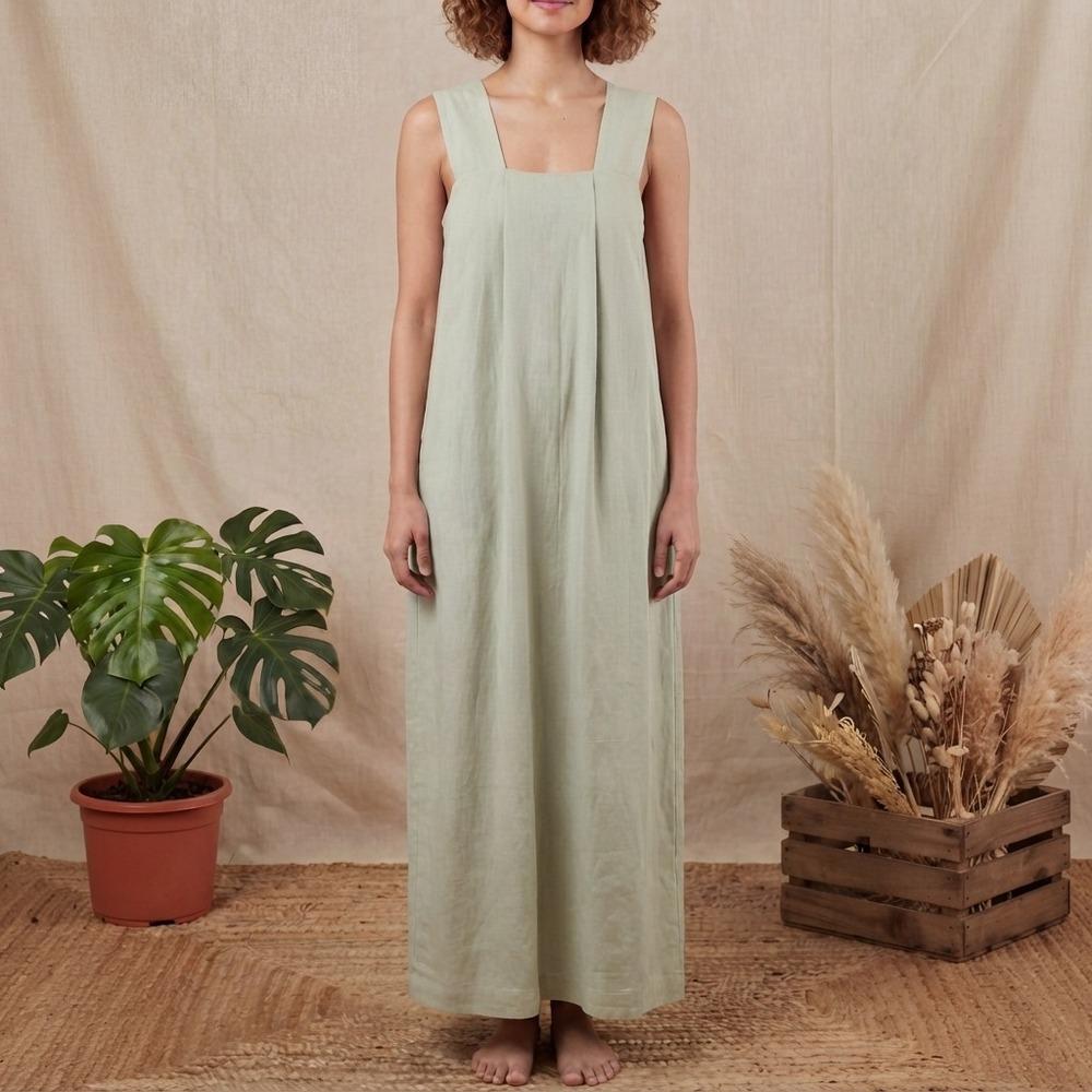 Casual Long Dress Women Sleeveless Square Neck A-Line Cotton Linen Summer Dress with Pockets
