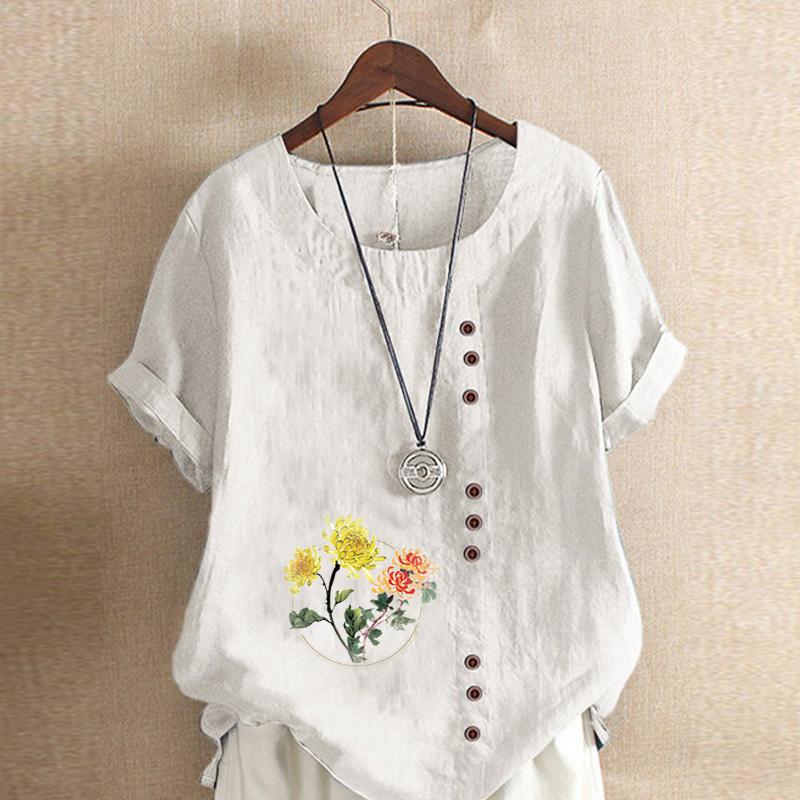 Women's Fashion Flowers Prined Round Neck Short Sleeve T-shirt Casual Cotton Linen Graphic Shirt Leisure Loose Summer Blouse Tops