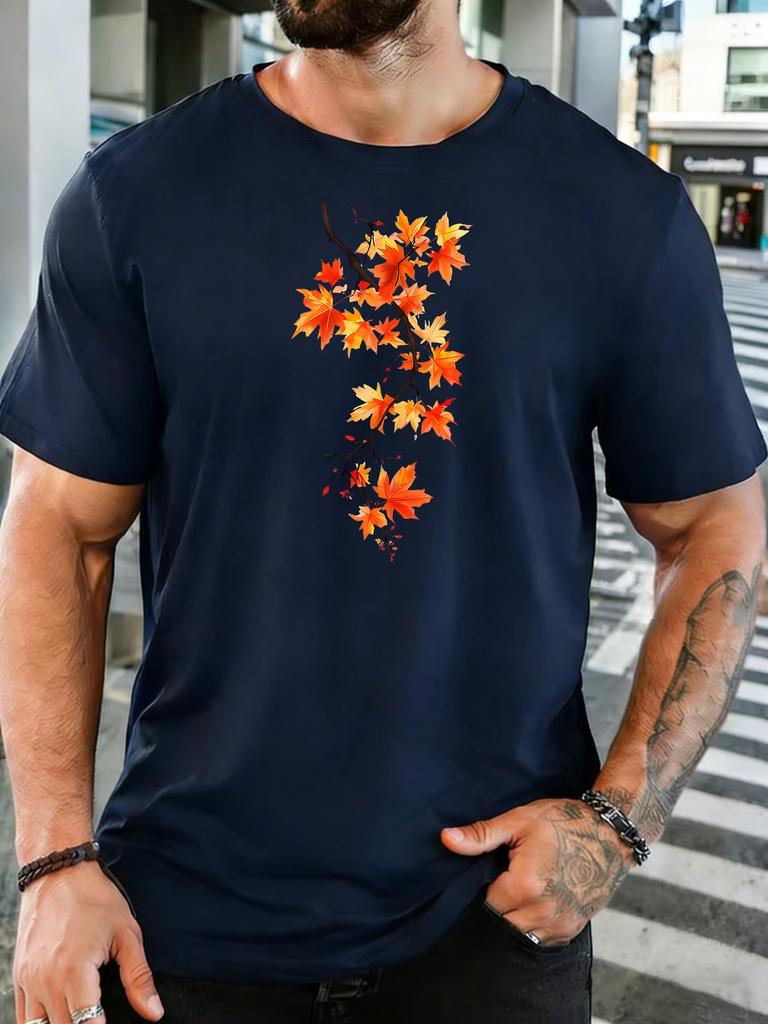 Unisex Crew Neck Tee Autumn Maple Leaf Branch Art Pattern Print Short Sleeve Top Summer Loose Soft Light Casual Basic Daily Wear