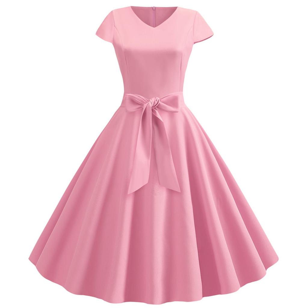 (Куниде) Женское винтажное тонкое винтажное платье с коротким рукавом и однотонным бантом