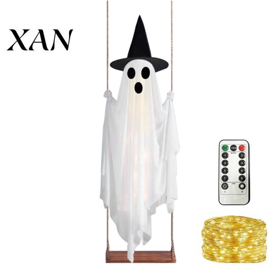 Halloween Hanging Ghost Decorations Luminous Swing with Witch Hat, Remote-controlled Adjustable Easy Assembly Props Brightness, Flying Ornament