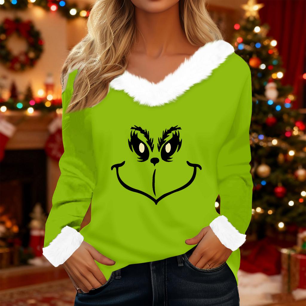 Women's T Shirt Tee Christmas Shirt Long Sleeve Party Christmas Print Fleece Collar V Neck Top
