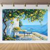 Banner background with lemon tree harvest theme and Mediterranean landscape garden, anniversary room decoration, photo backdrop