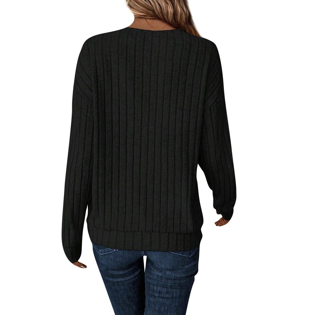 Женская модная футболка-пуловер с длинным рукавом и V-образным вырезом, однотонный топ