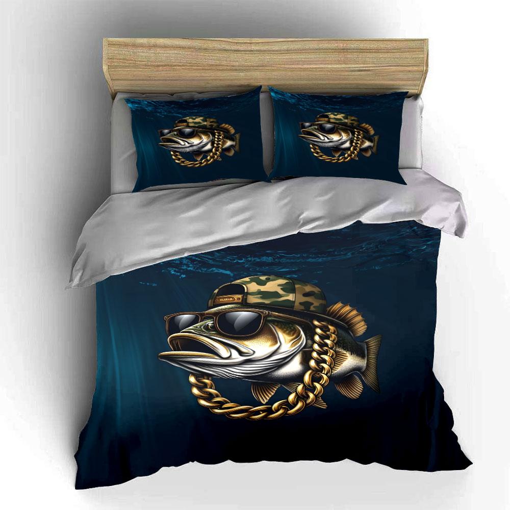 Cool Fish Decor Set Bedding Set with 1 Duvet Cover 2 Pillowcases Single Double King Queen, Gift