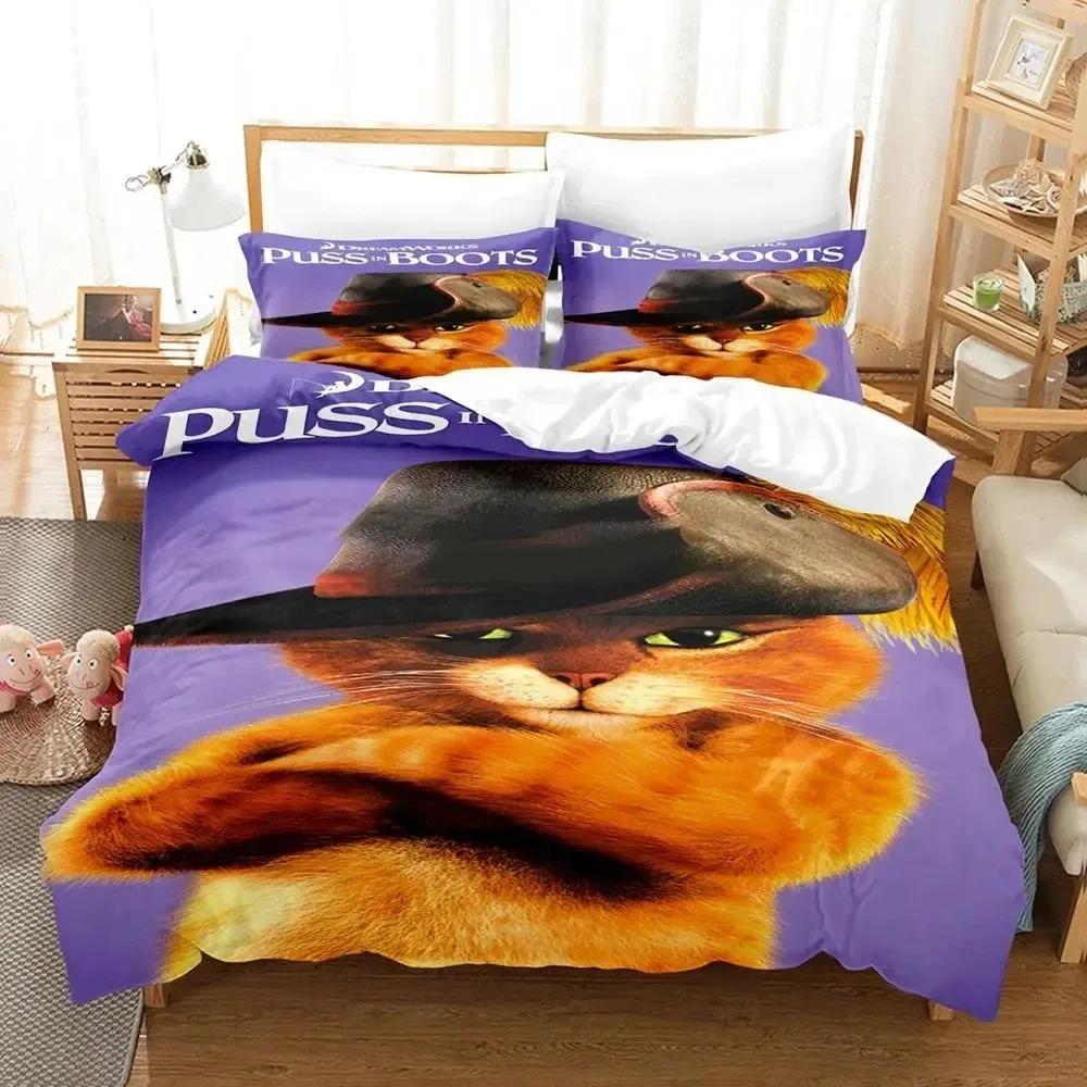 Cartoon Puss in Boots Duvet Cover Pillowcase Bedding Set for Kids Girl Boys Bedroom Gift Single Double Large Size