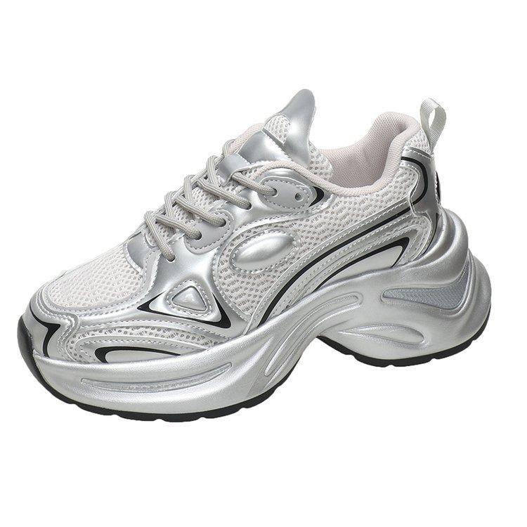 Туфли Pops на толстой подошве, женские летние сетчатые дышащие женские туфли, серебристые, увеличивающие высоту, повседневные спортивные туфли
