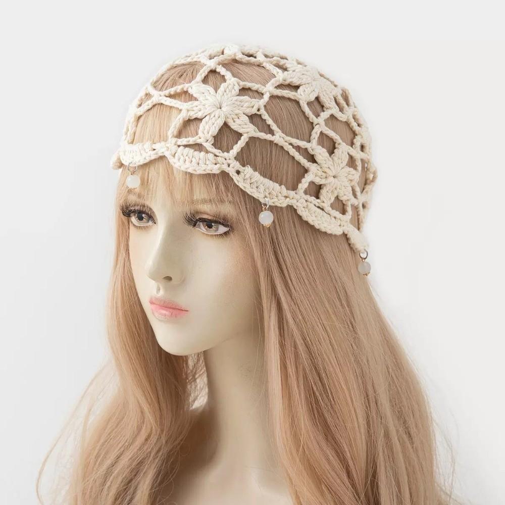 Handmade Crochet Flower Knitted Hat Bohemian Style Woven Cap Cute Hollowed Out Beanie Cap Women