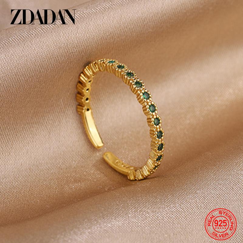 925 Sterling Silver 18K Gold Pave Green Zircon Ring for Women Girls Fashion Jewelry