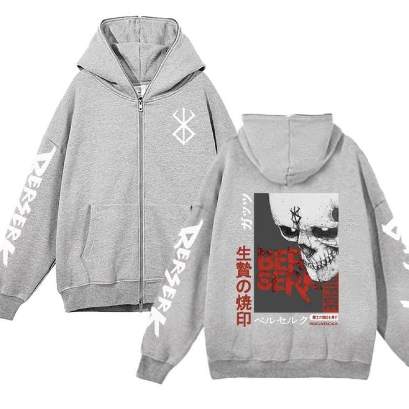 Куртки с капюшоном Berserk, толстовки с капюшоном на молнии в стиле аниме, повседневная флисовая толстовка большого размера, свободная уличная одежда в стиле хип-хоп, куртка на молнии, пальто