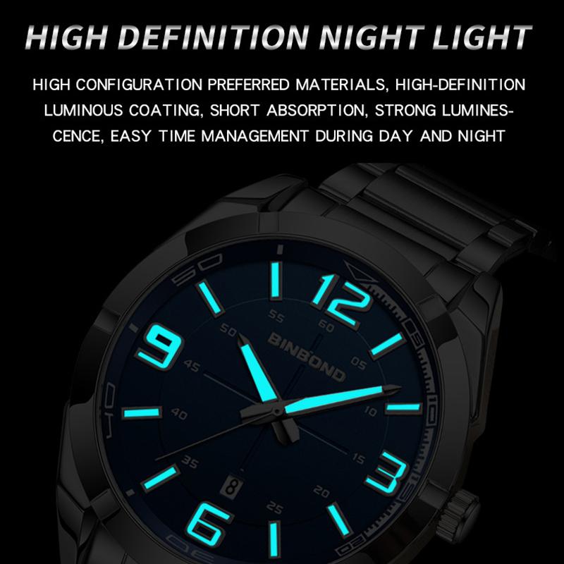 BINBOND Мужские часы Большие цифровые модные деловые водонепроницаемые календарные ночные светильники из нержавеющей стали кварцевые мужские часы мужской подарок