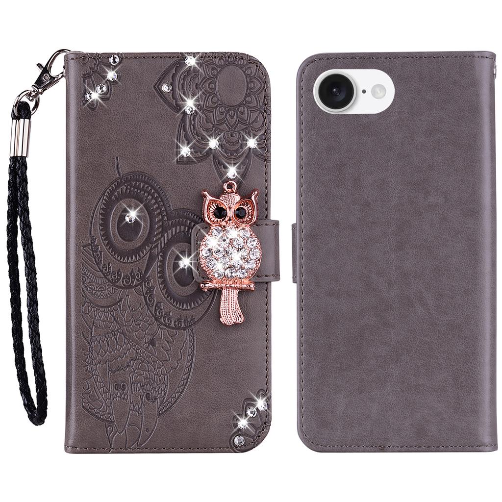 For iPhone 16e Wallet Case Owl Flower Imprinted Rhinestone Leather Cover