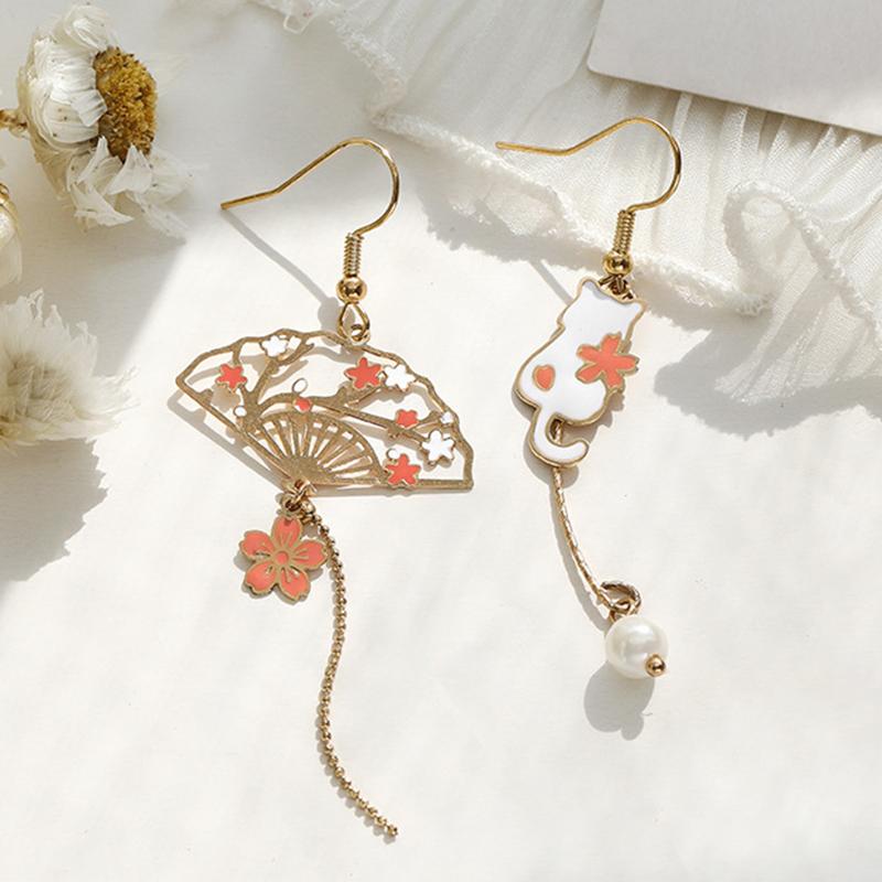 Chinese Style Folding Fan Modeling Crane Cloud Hanging Dangle Earrings for Women Hollow Asymmetric Drop Earring National Zircon