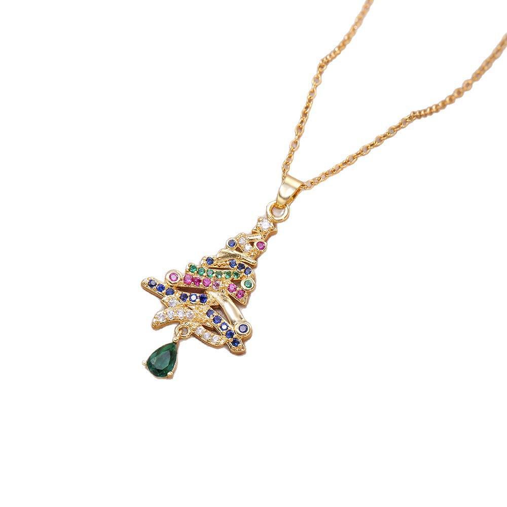 Women's Christmas Tree Pendant Necklace: European & American Style, Copper with Zircon, Gold-Plated, Fashionable Hollow Design.